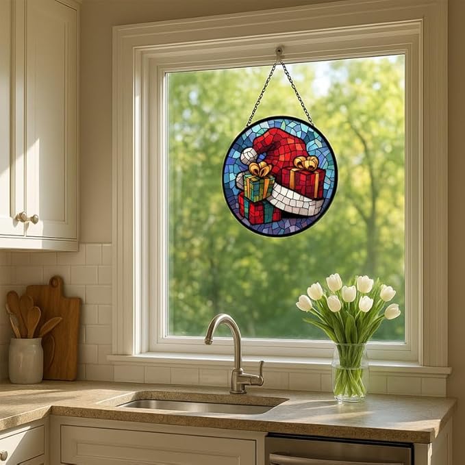 Stained Glass Window Hanging – 9.8 in Santa Hat Gifts Panel with Chain， Bathroom Front Door Living Room Garden Decor， Gift for Mom Wife Lovers