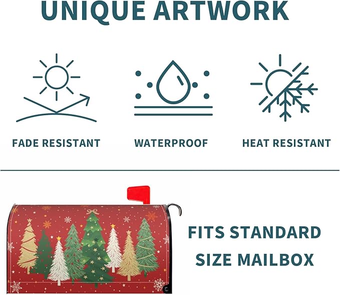 Christmas Mailbox Covers Magnetic Standard Size Xmas Tree Print Red Winter Mailbox Wraps Holiday Themed Outdoor Decorative Letter Box Cases for Home Garden Outside Decor, 21x18 Inch