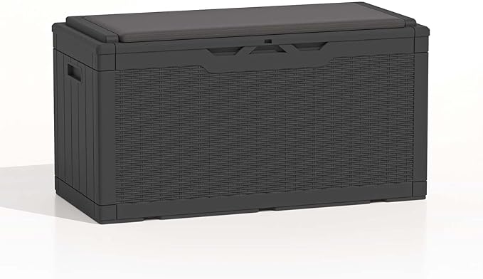 Patiolife 100 Gallon Resin Deck Box with Cushion, Large Outdoor Storage Box for Garden Tools, Pool Supplies, Waterproof and Lockable, Black