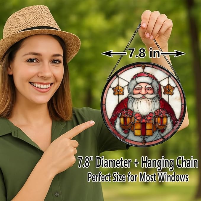 Stained Glass Window Hanging – 7.8 in Santa Claus Holding Presents Panel with Chain， Bathroom Front Door Living Room Garden Decor， Gift for Mom Wife Lovers