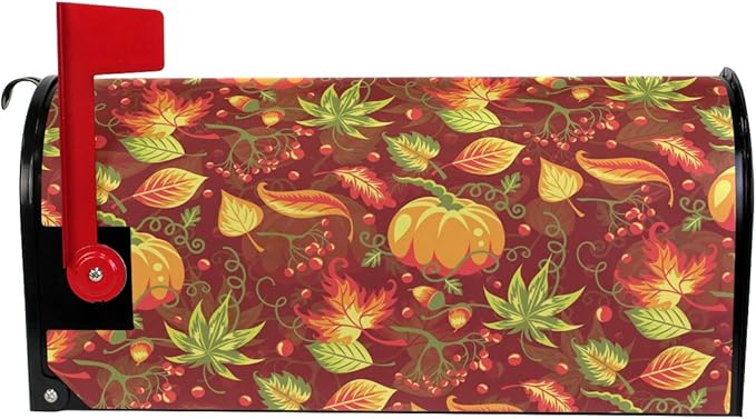 WOOR Autumn with Pumpkin Fall Leaves Magnetic Thanksgiving Mailbox Cover MailWraps Garden Yard Home Decor for Outside Oversized-25.5" x20.8"