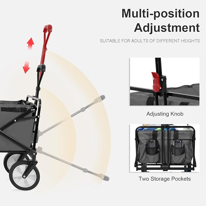 PayLessHere | Collapsible Wagon Cart with Wheels | Gray | Heavy Duty Foldable Utility Cart with 330 lb Capacity | with All-Terrain Wheels & Adjustable Handle for Outdoor, Garden, Beach, Shopping