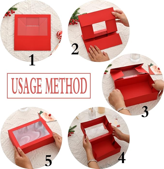 12 Pack Christmas Gift Boxes with Clear Window, brown Christmas Gift Boxes with Ribbon, Pine Sprigs & Berry Decorations for Holiday Wrapping, 8.7x5.9x2.8 Inch (brown)