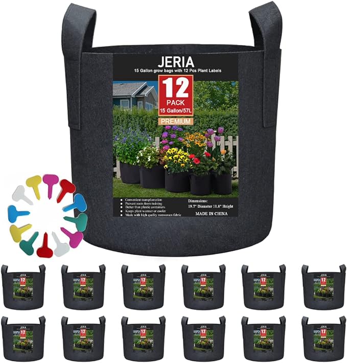 JERIA 12-Pack 15 Gallon, Vegetable/Flower/Plant Grow Bags, Aeration Fabric Pots with Handles (Black), Come with 12 Pcs Plant Labels