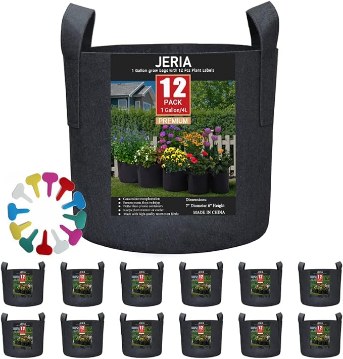 JERIA 12-Pack 1 Gallon, Vegetable/Flower/Plant Grow Bags, Aeration Fabric Pots with Handles (Black), Come with 12 Pcs Plant Labels