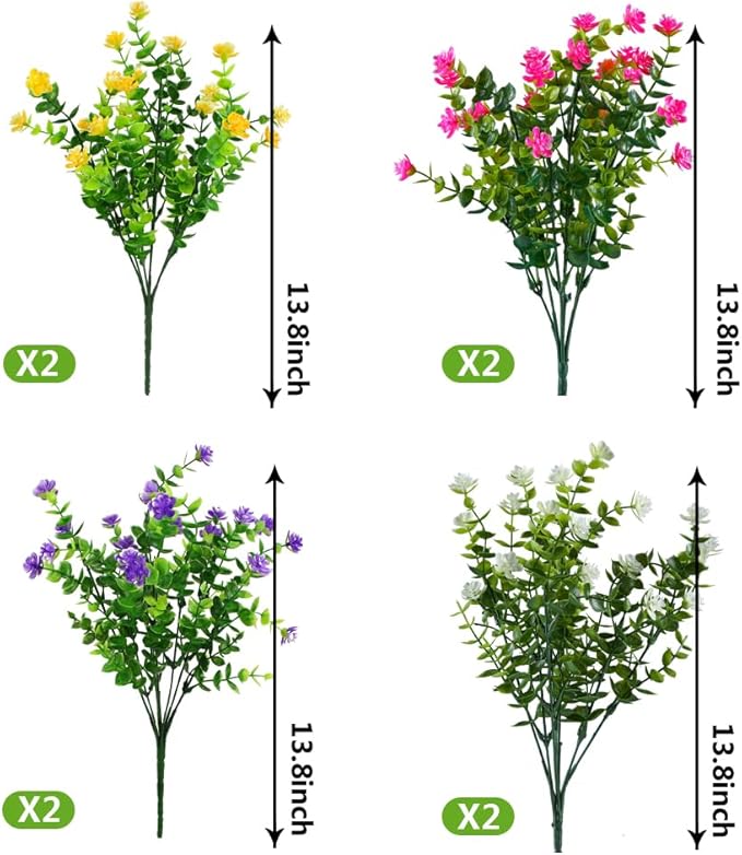 8 Bundles Artificial Flowers, Fake Artificial Greenery UV Resistant No Fade Faux Plastic Plants for Wedding Bridle Bouquet Indoor Outdoor Home Garden Kitchen Office Table Vase