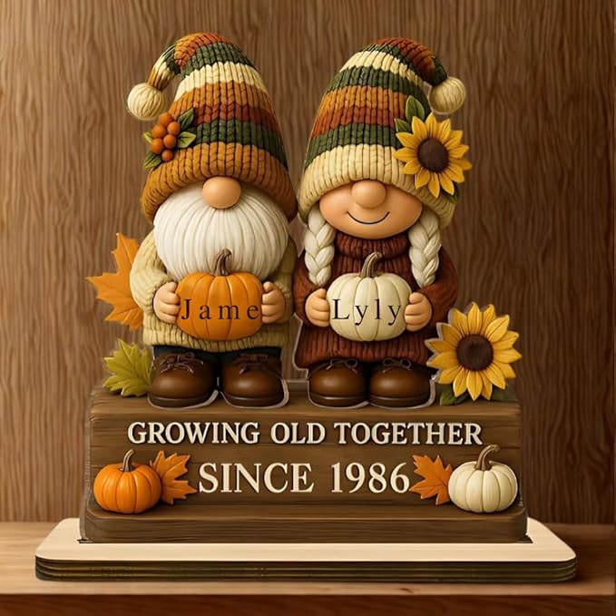 Personalized Growing Old Together Since Gnome Figurines Plaque, Custom Gnome Couple Wood Standing Plaque, Gift for Couples and Grandparents