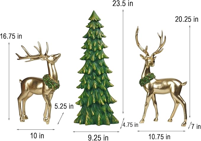Newman House Studio Standing Reindeer Tree Figurine Christmas-Decor - 3PC Large Christmas Reindeer Decor Indoor Gold Resin Deer with Tree Statue White Farmhouse Decor 10.75 * 7 * 20.25 inch