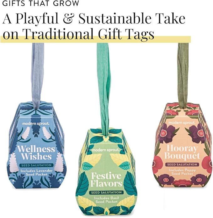 Modern Sprout Seed Salutations - Garden Seed Packet Gift Tag/Ornament - Organic Basil Seeds for Planting Indoor & Outdoor - Unique Gardening Gifts for baby shower, birthdays - 12 Pack(Festive Flavors)