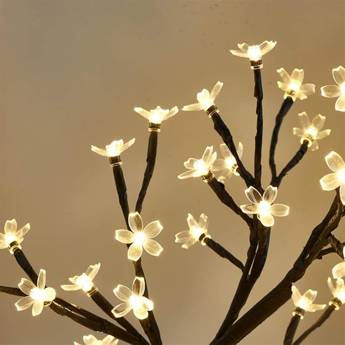 PEIDUO 17.5 Inch Lighted Cherry Blossom Tree, 48 Warm White Lights Plug in Adapter, Light up Bonsai Tree for Christmas Indoor Home Bedroom Living Room, Tabletop Decor Night Light Artificial Tree
