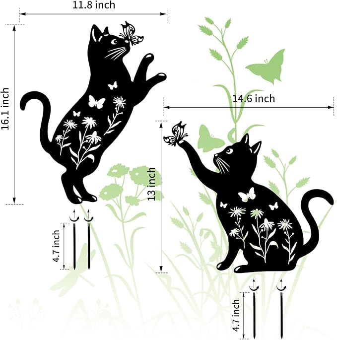 Cat Garden Decor for Outside, 2 Pack Metal Decorative Garden Stakes, Gift for Cat Lovers, Black Silhouette Statues Animal Stakes Decorations for Yard Art, Patio, Outdoor Decor, Lawn Ornaments