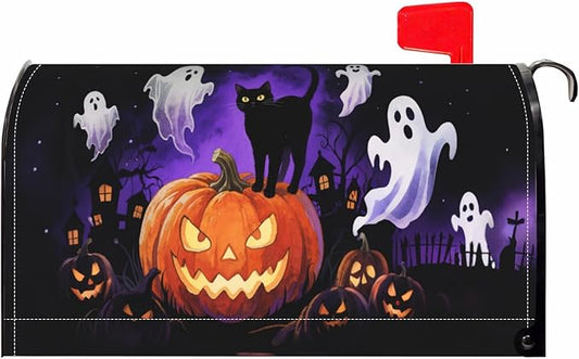 Halloween Spooky Ghost Pumpkin Mailbox Covers Magnetic Standard Size Black Cat Mailbox Wraps Holiday Themed Outdoor Decorative Letter Box Cases for Home Garden Outside Decor, 21x18 Inch