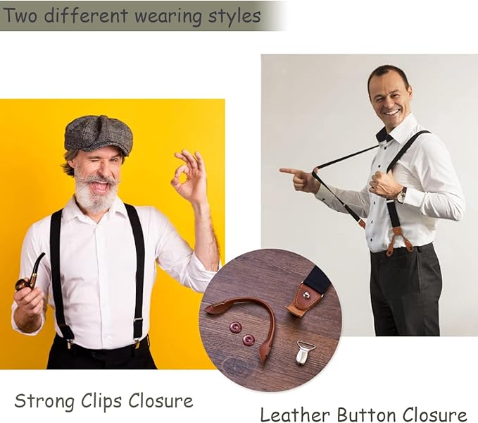 UPSONG Mens Suspenders，Brown Leather Button Tab and Clip Braces Heavy Duty Suspender Wedding Suspenders for Groom Groomsmen