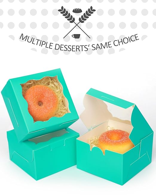qiqee Mint Blue Bakery Box with Window 4x4x2.5 inch 30Packs Macaron Boxes Small Donut Pastry Boxes for Party Mini Cookie Boxes