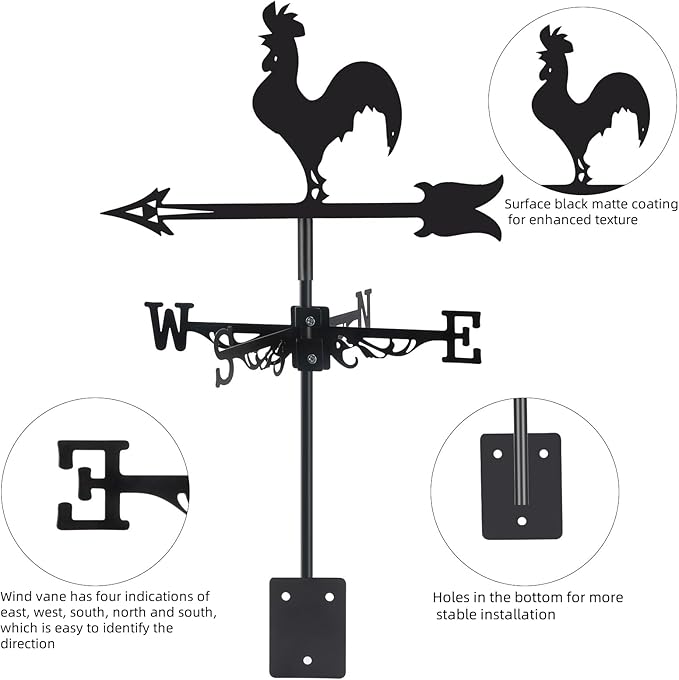 Rooster Metal Weather Vane Wind Direction Indicator Outdoor Weather Vanes Roof Mount Yard Patio Wind Vanes for OutsideYard Farm Garden Patio Decoration