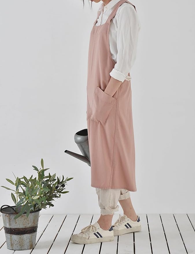Cotton Linen Apron Cross Back Japanese Smock for Women Cooking With Pockets Pinafore Dress Kitchen Baking Gardening