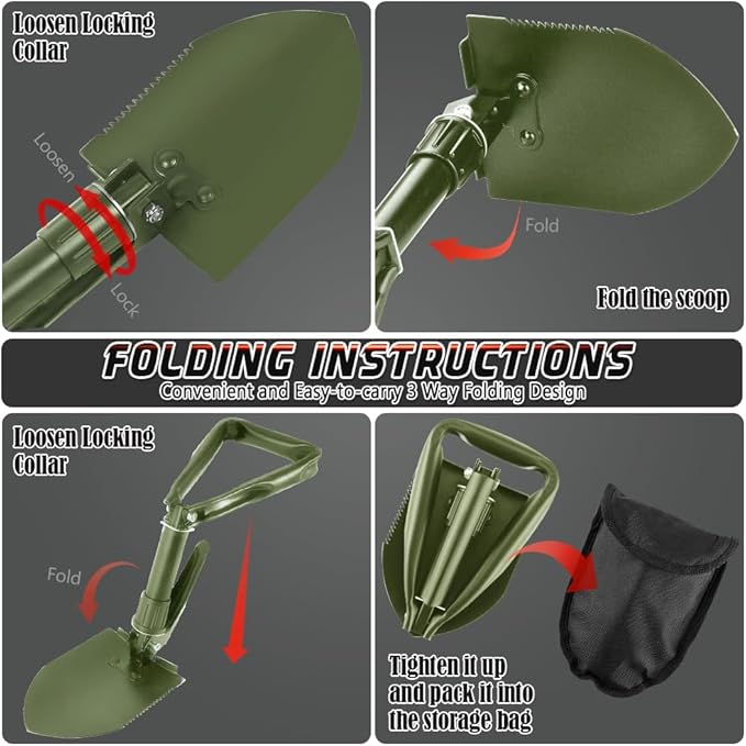 Digging Shovel - 24'' Lightweight Folding Shovel High Carbon Steel Portable Digging Trowels for Outdoor Camping Backpacking Hiking Car EmergencHome Garden (Olive)