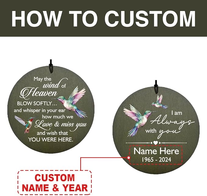 Sympathy Wind Chimes, Personalized Hummingbird Wind Chimes, 36inch Memorial Gifts for Loss of Loved Mom/Dad, Windchime in Loving Memory, Garden Decor Outside (Produced in USA)