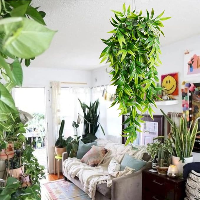 SzJias Artificial Hanging Plants Fake Bamboo Leaves Plants Fake Hanging Plants for Patio Porch Outdoor Plants Decor (2 Pcs)