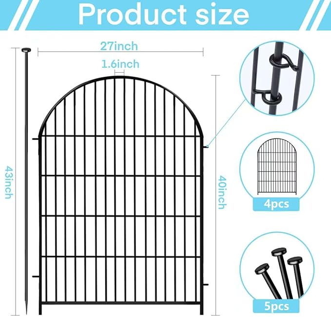 Tall Garden Fence with Gate, 4 Panels Fences for Dogs Outside, 40 in(H)x8.8 Ft(L) No Dig Animal Barrier Garden Fencing, Rustproof Metal Wire Temporary Rabbit Dog Fence for Yard Patio Outdoor