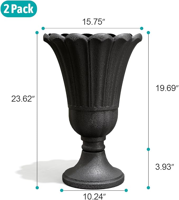 Tall Plastic Urn Planters for Outdoor Plants Set of 2-23.6" H Classic Petal Design Indoor Large Flower Pots with Drainage Holes, Outdoor Planters for Porch Decor/Garden Vase, Black