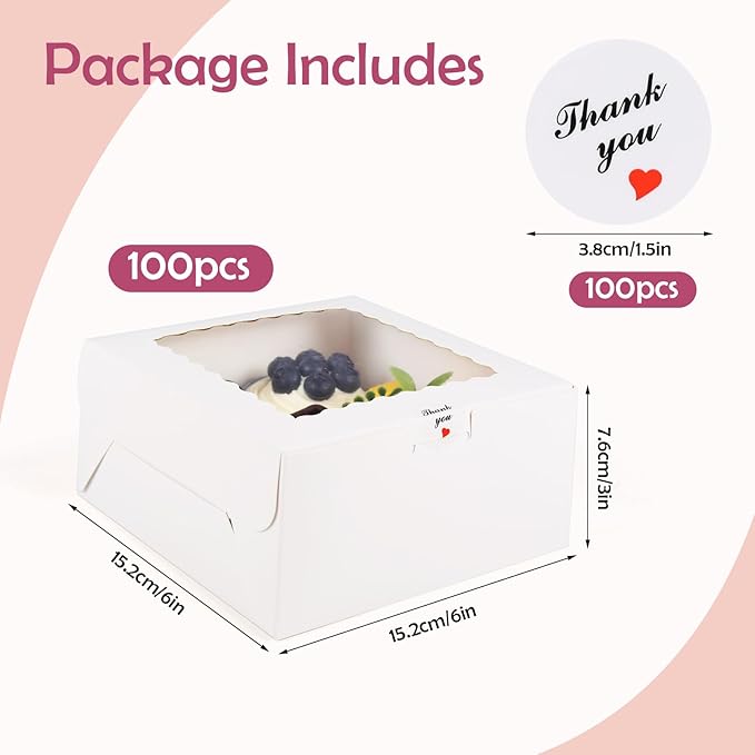 100 Pcs Bakery Boxes with Window, 6x6x3 Inches Cookie Boxes, White Paperboard Treat Boxes for for Pastries, Cookies, Strawberries, Macarons, Desserts, Cupcakes with paper stickers
