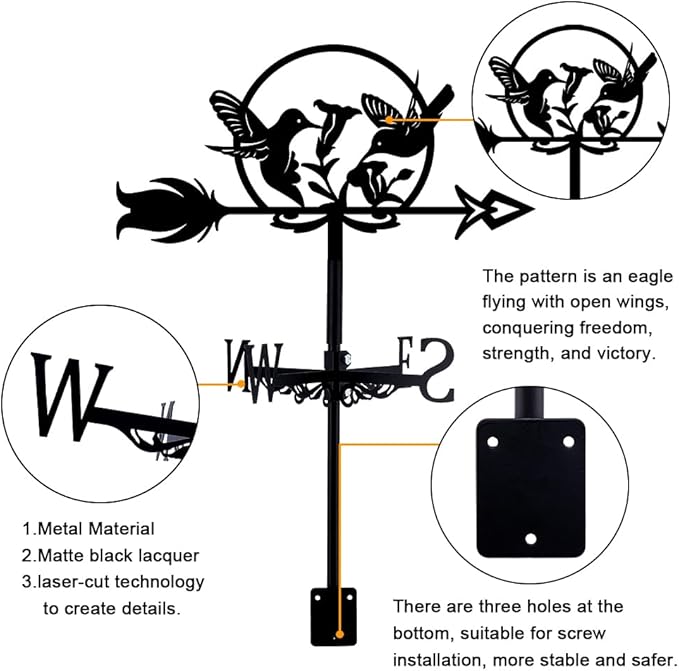 SUPERDANT Hummingbird Weather Vane Wrought Iron Wind Vane Flowers Garden Weathervane Wind Direction Indicator for Outdoor Roof Yard Decoration