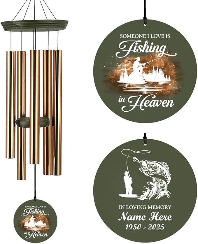 Memorial Wind Chimes Personalized, 36inch Sympathy Wind Chime, in Loving Memory for Loss of Loved Grandpa/Dad Loves Fishing, Fishing in Heaven, Memorial Gifts (Produced in USA)