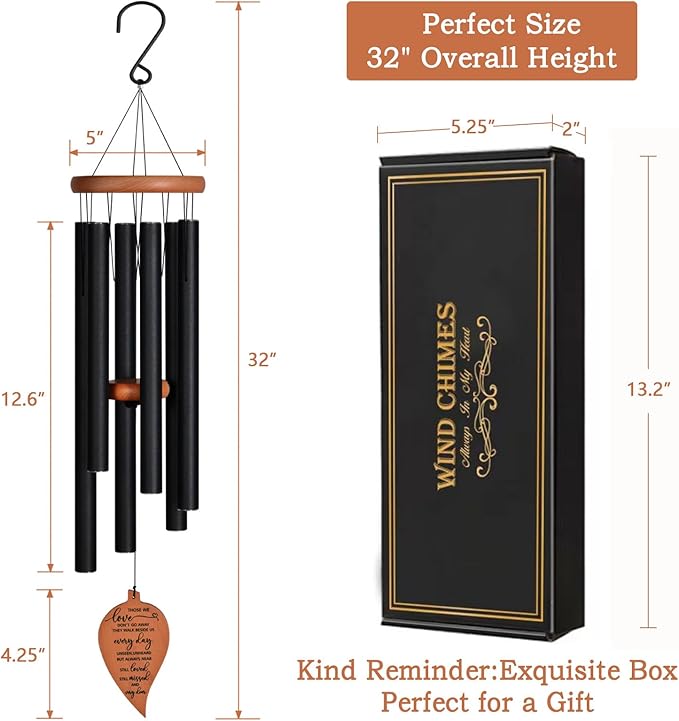 Memorial Wind Chimes w/Leaf Pendant, Sympathy Gifts for Loss of Loved One, Bereavement Gift Condolence Funeral Gifts for Loss of Mother Father
