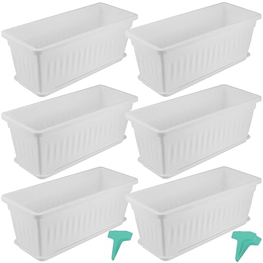 6 Packs 17 Inch Window Flower Planter Boxes, Plastic Vegetable Plant Boxes with 6 Pcs Trays, Rectangle Planter Pots with 30 Pcs Labels, White2