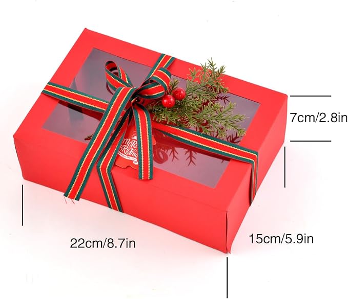 12 Pack Christmas Gift Boxes with Clear Window, Red Christmas Gift Boxes with Ribbon, Pine Sprigs & Berry Decorations for Holiday Wrapping, 8.7x5.9x2.8 Inch (white)