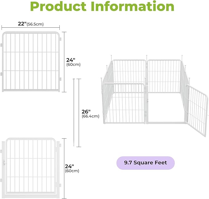 SunsGrove Garden Fence with Gate, 24 in(H) x 14.8 ft(L) 8 Panels Heavy Duty Metal Animal Barrier Fence for Yard, Suitable for Indoor or Outdoor Dog Pet Fence, Garden Fence Border, White