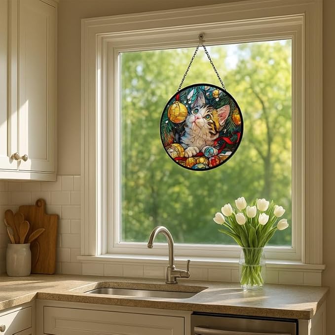 Stained Glass Window Hanging – 9.8 in Kitten and Christmas Tree Panel with Chain， Bathroom Front Door Living Room Garden Decor， Gift for Mom Wife Lovers