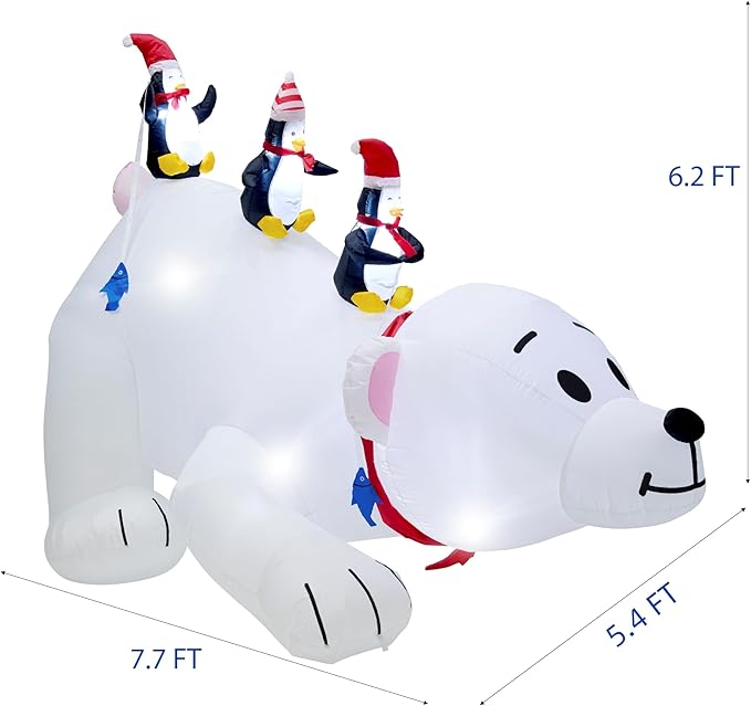 Juegoal Christmas 7.7(L) x 6 FT(H) Inflatables Lighted Polar Bear with Three Penguins, Blow Up White Bear Happy Fishing Penguin, Indoor Outdoor Xmas Winter Decor Lawn Yard Garden Decorations