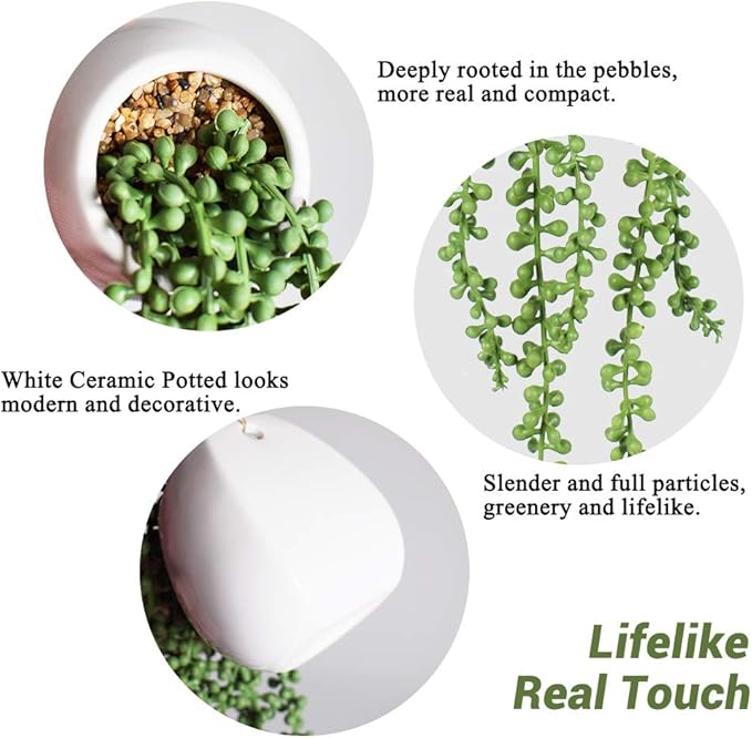 Tiita Artificial Succulents Hanging Plants, Faux String of Pearls Plants for Home Office Accessories Window Sill Bathroom Bedroom Fake in White Ceramic Pots, Set of 2