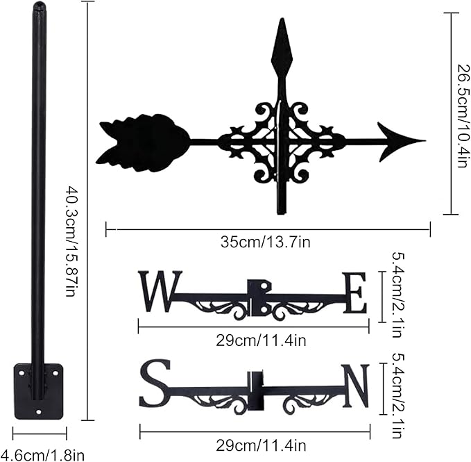 Metal Weather Vane Black Wind Vanes Indicator Wind Measuring Tool Weathervane Roof Mount for Gardens Outside Farmhouse Farm Barn Sheds Patio Decorations