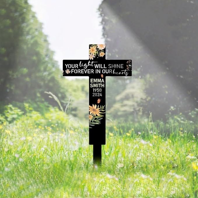 Custom Flower Cross Memorial Stake – Floral Cross Metal Grave Marker, Garden Yard Stake Outdoor Decor (Flower Cross Memorial)