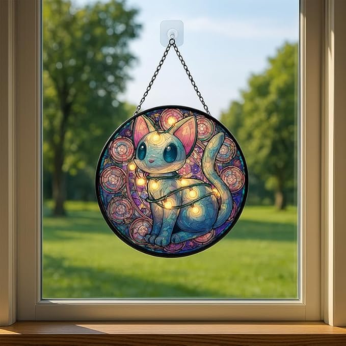 Stained Glass Window Hanging – 9.8 in Cute Cat with String Lights Panel with Chain， Bathroom Front Door Living Room Garden Decor， Gift for Mom Wife Lovers