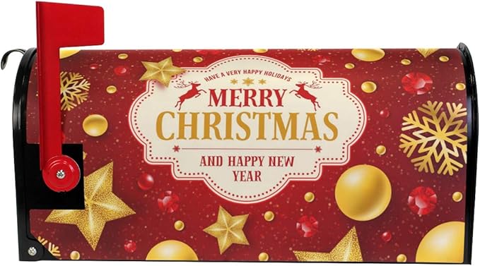 WOOR Red and Gold Christmas Magnetic Mailbox Cover with Snowflakes Oversized-20.8"x 25.5"