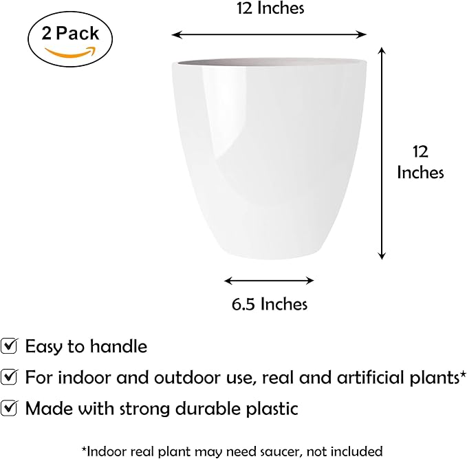RUBBER BOND Plastic Plant Pots 2 Pack - Modern Indoor/Outdoor Planters for Home Decor - Weather-Resistant Large Flower Pots - Lightweight 12 Inches Tall Planters