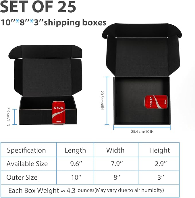 Small Shipping Boxes 10x8x3 Inch (25 Pack) - Sturdy Black Corrugated Cardboard Boxes for Small Business, Ecommerce, Mailing & Packaging | Recyclable Gift & Storage Boxes