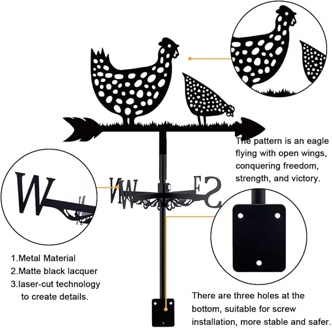 SUPERDANT Rooster Weather Vane Spotted Chicken Wind Vanes for Yard Animals Metal Weathervane Roof Mount for Gardens Outside Black Weathervanes Farmhouse Farm Barn Sheds Patio Decorations