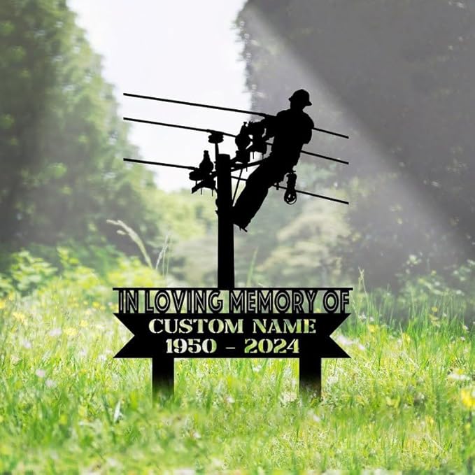 Custom Electrician Memorial Metal Stake – Personalized Lineman Grave Marker, Yard Garden Stake, Outdoor Decor for Electricians (Electrician Memorial)