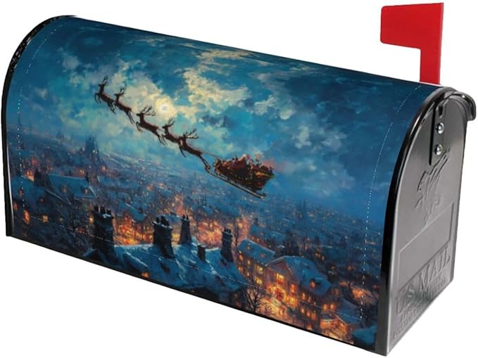 Winter Christmas Santa Sleigh Mailbox Covers Magnetic Letterbox Covers 21x18 Inch for Garden Outdoor Decoration