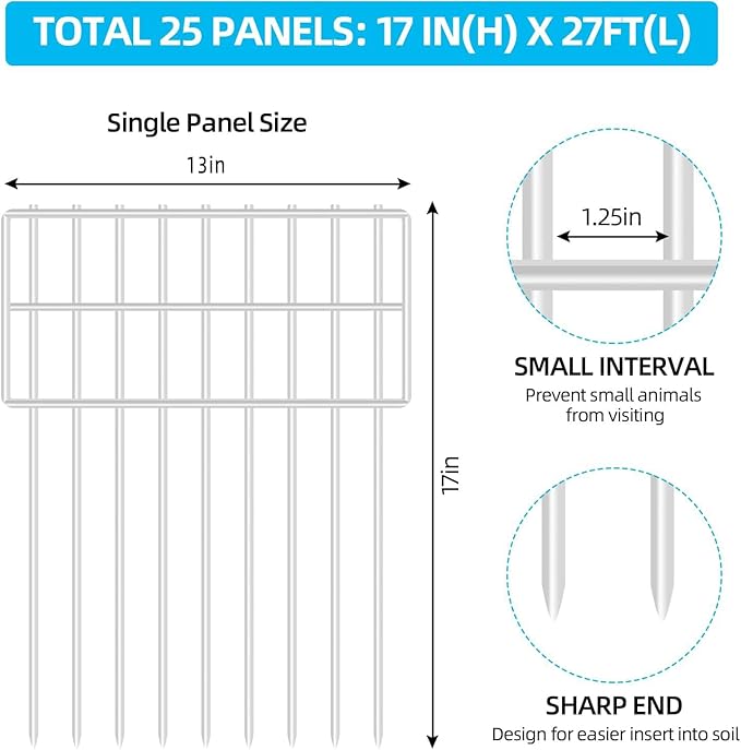 25 Panels Garden Fencing Animal Barrier, 17in (H) X 27ft (L) Dog Dig Fence Barrier, 1.25in Gap Rustproof Metal Stakes Decorative Garden Fence, Ground Defense Border for Outdoor, Yard, Patio, White