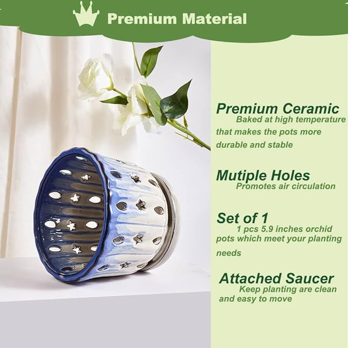 Orchid Pots with Holes Attached Saucers 6 Inches - 1 Pcs Small Ceramic Pots for Repotting, Decorative Ceramic Orchid Planter with Hole for Healthy Root Growth Blue Over White