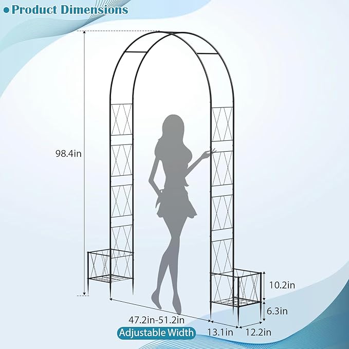 Metal Garden Arch Trellis for Climbing Plants Outdoor, Garden Arbors Archway Arched Trellis with Planter Boxes, Wedding Arches for Ceremony Arch Backdrop Stands for Party Christmas Decorations, Black