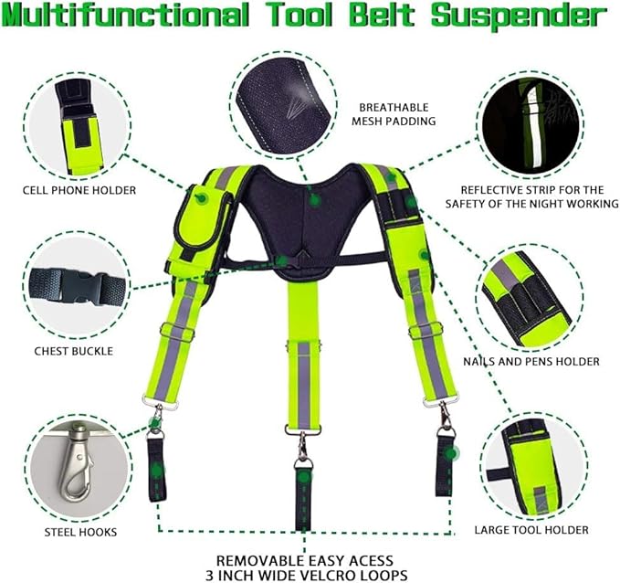 Dr.TOUGH Tool Belt Suspenders for Men Carpenter Tool Belt with Suspenders Padded Tool Belt Suspenders With Magnet Pocket (Fluorescent Green)