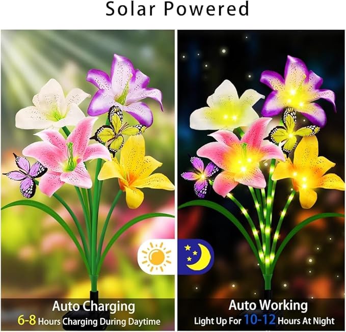 Solar Garden Lights 2 Pack with 8 lilies Outdoor Decorative flower Lights for Garden, Gift for family and Friends, IP65 Waterproof flower Solar Outdoor Stake Light for Yard Patio Lawn Pathway