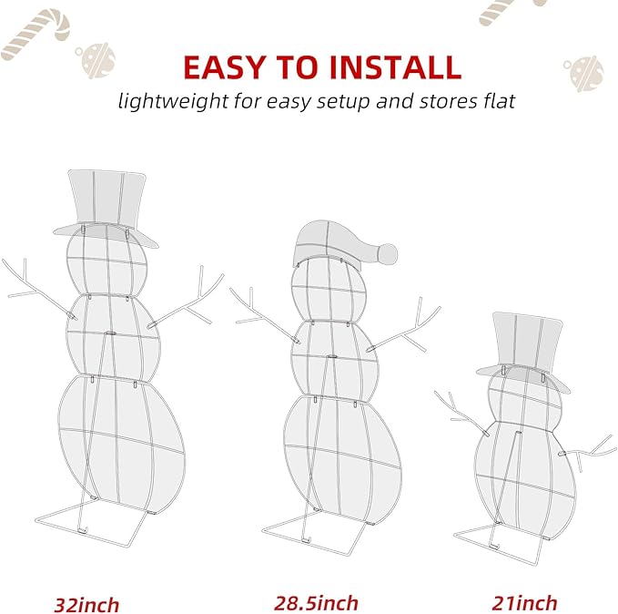 3-Piece Lighted Snowman Family Set - Large 2D Outdoor Christmas Yard Decoration with 80 Warm White LED Lights, Holiday Display for Lawn & Garden - Rattan